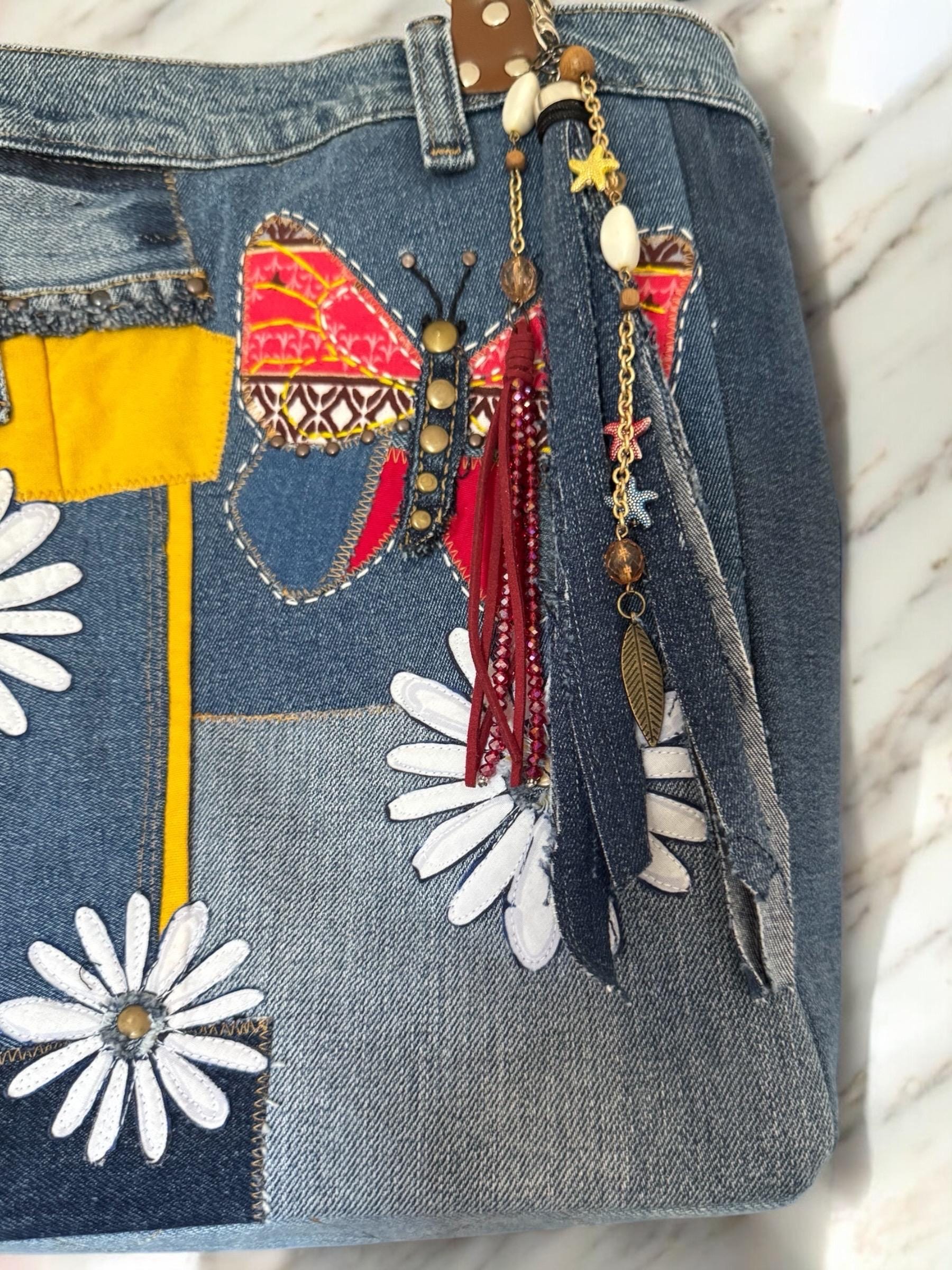 Boho Denim Tassel Charm: Handmade Crystal & Bead Bag Accessory