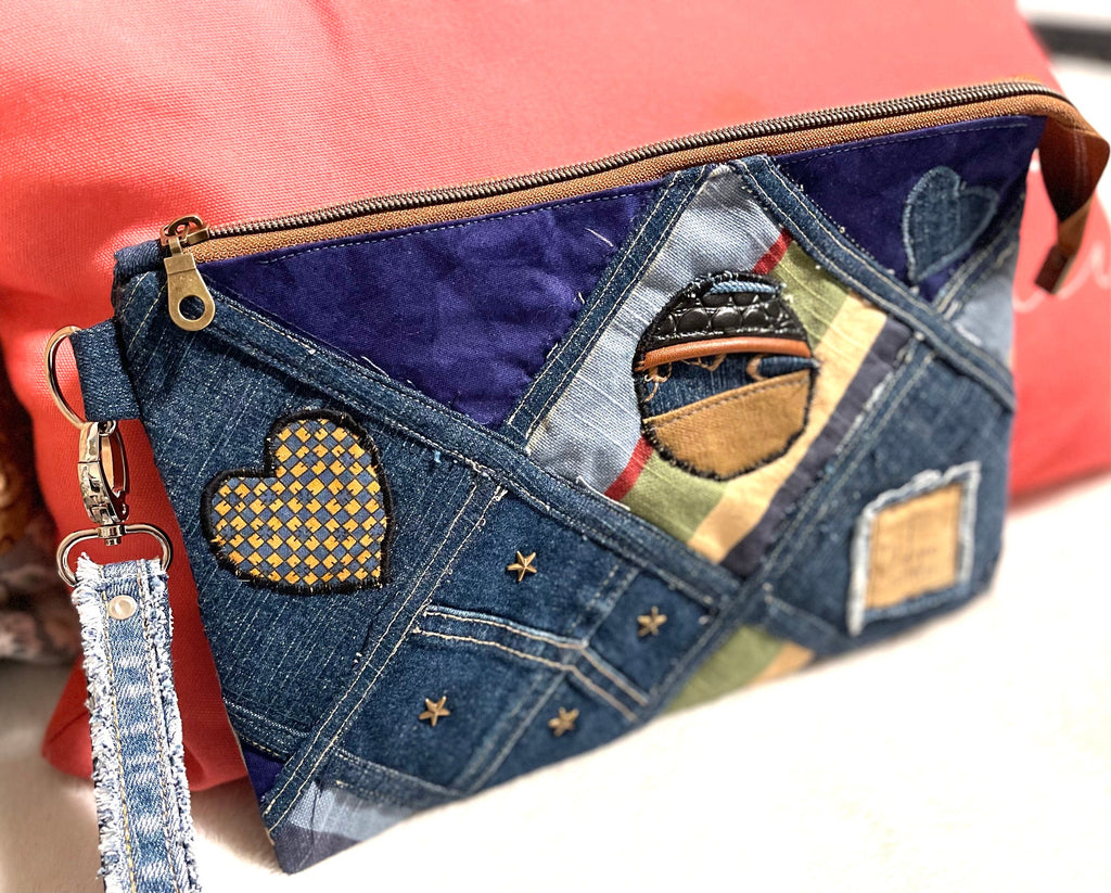Denim Patchwork Clutch Wristlet: Upcycled Jeans, Boho Chic Bag