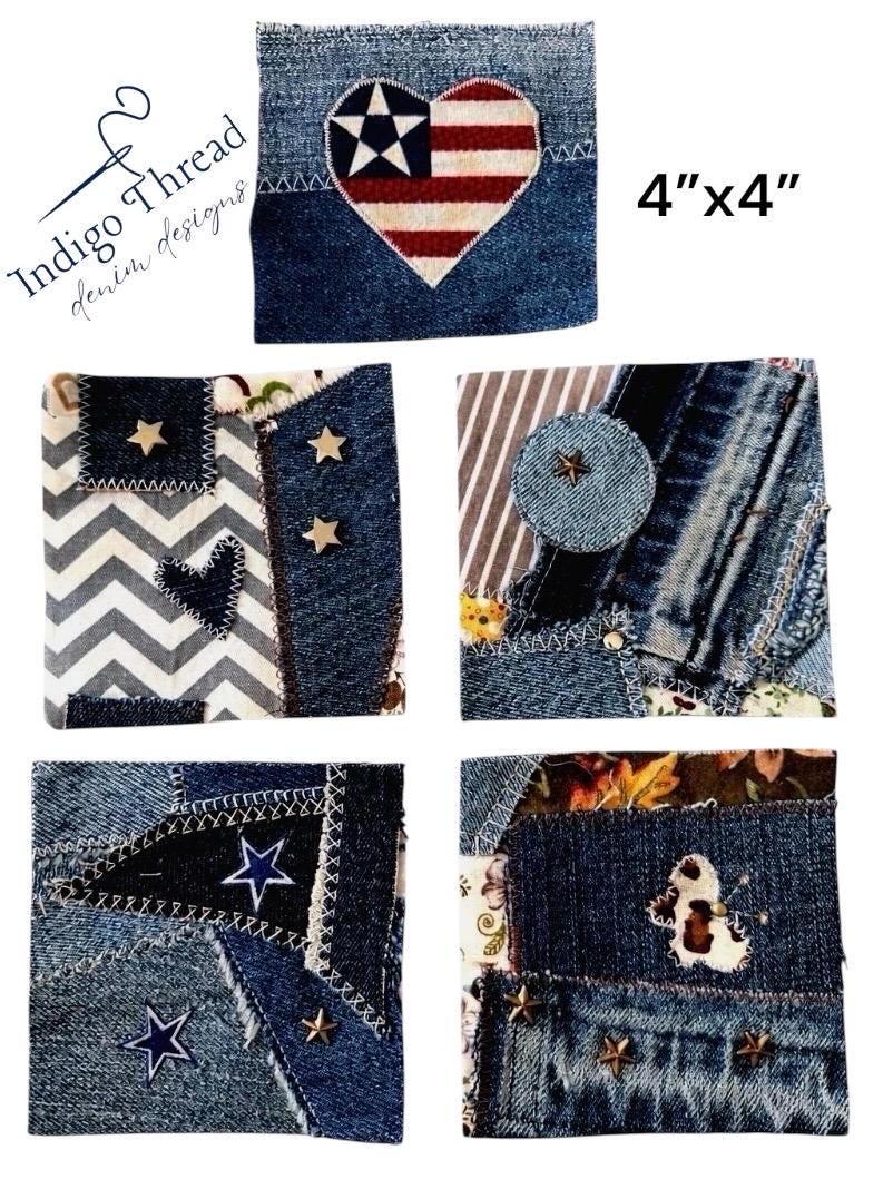 Upcycled Denim Patchwork Sew-On Patches – Rustic Boho Fabric Appliqué Set