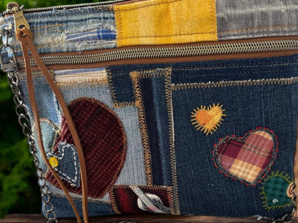 Handmade Denim Crossbody Clutch: Upcycled Patchwork Bag with Heart Appliqués