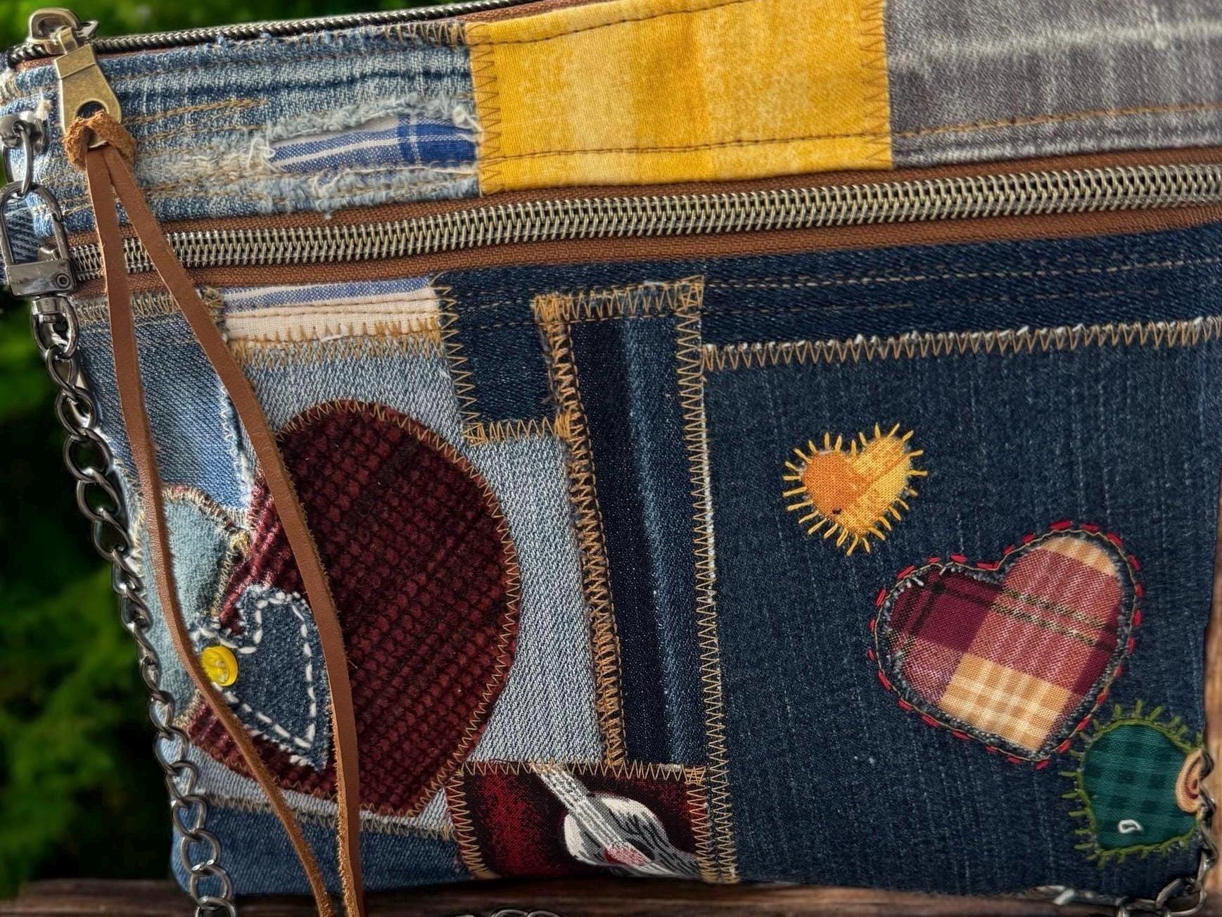 Handmade Denim Crossbody Clutch: Upcycled Patchwork Bag with Heart Appliqués
