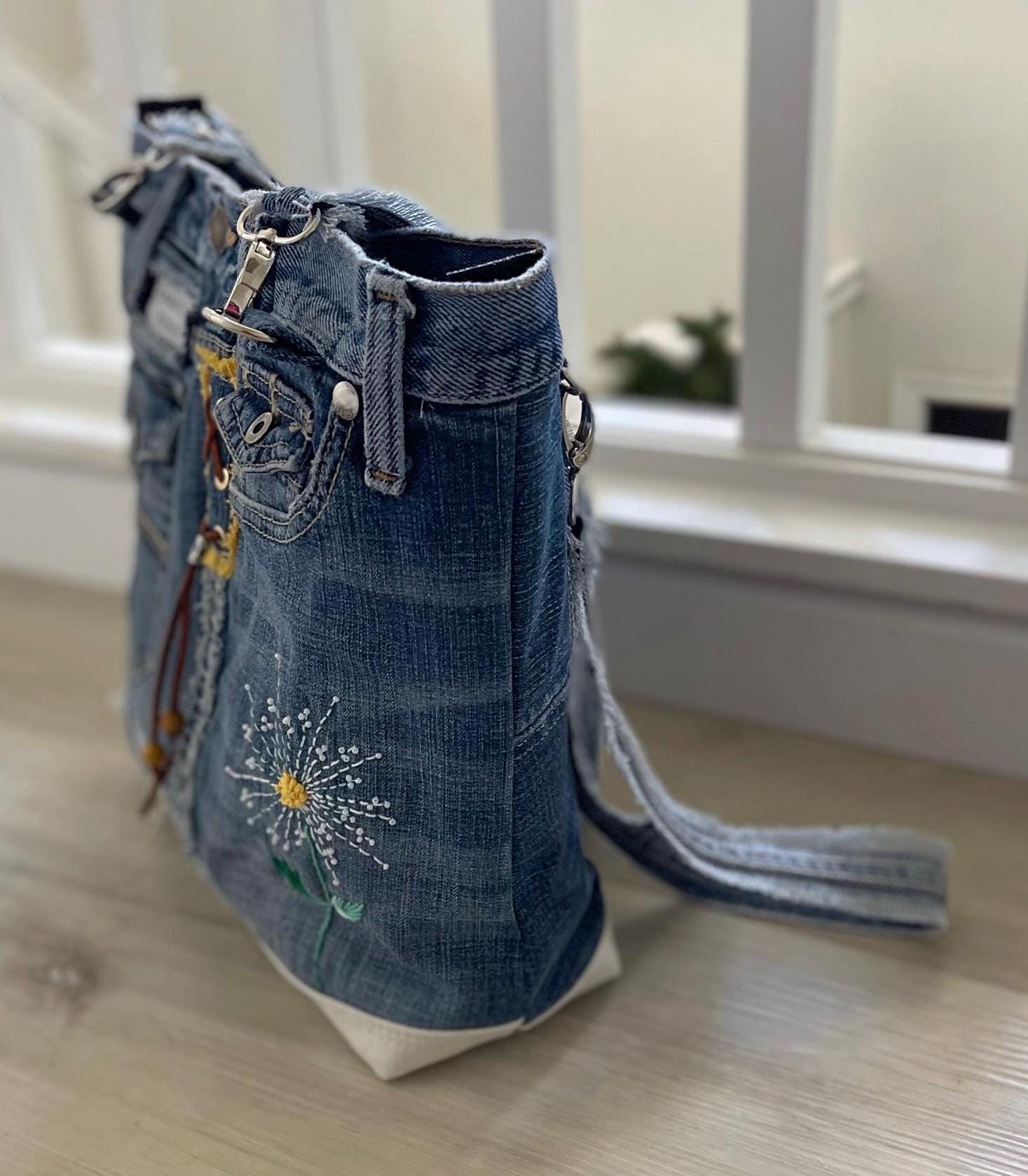 Denim Tote Hand embroidery patchwork shoulder bag-Sashiko inspired one of a kind