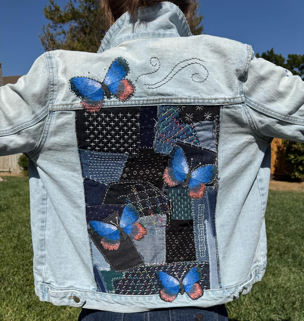 One-of-a-Kind Sashiko Boro Denim Jacket with Butterfly Appliqué | Hand-Embroidered, Upcycled, Japanese Threads