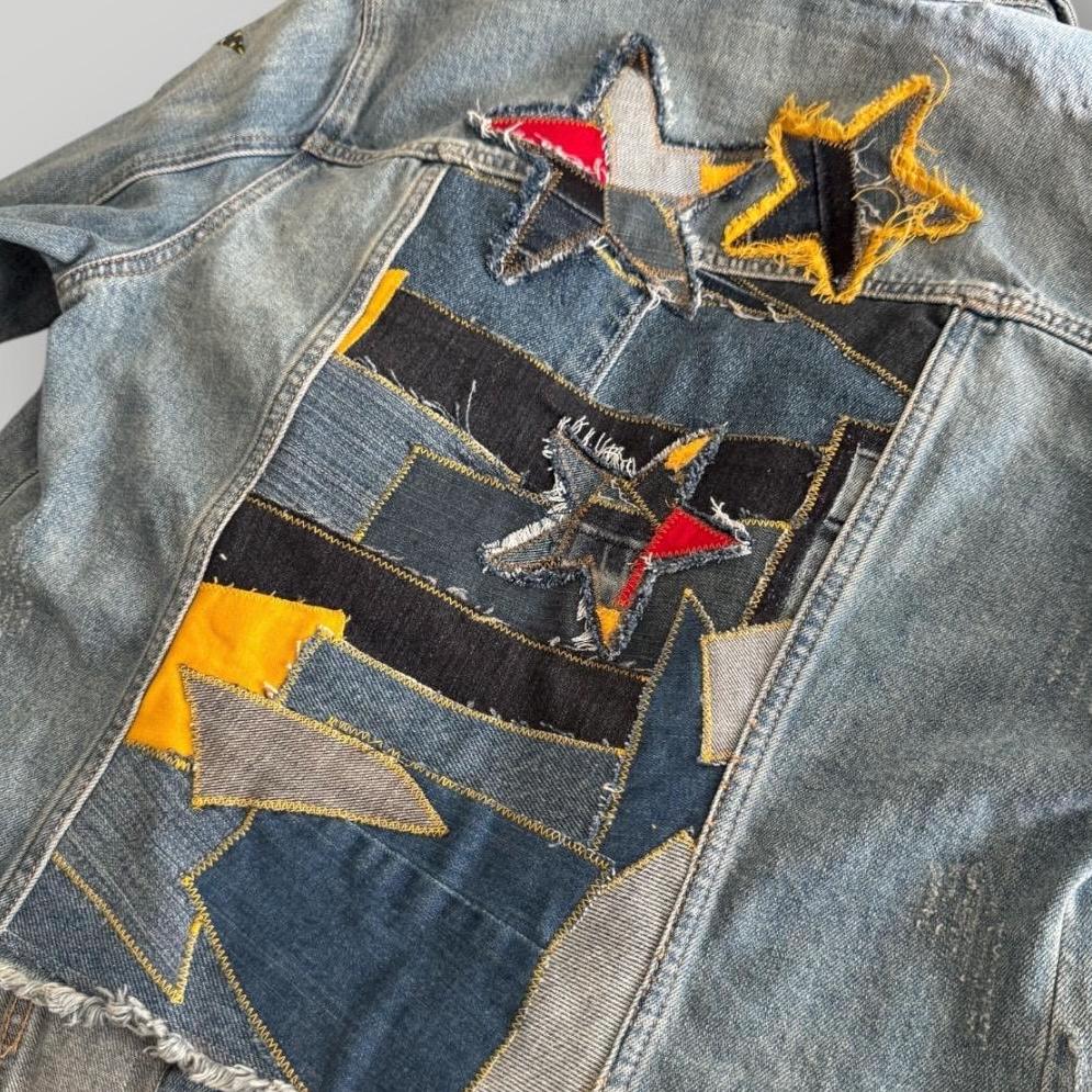 Upcycled Denim Star Patchwork Jacket: Distressed Handmade Jean Jacket - S/M