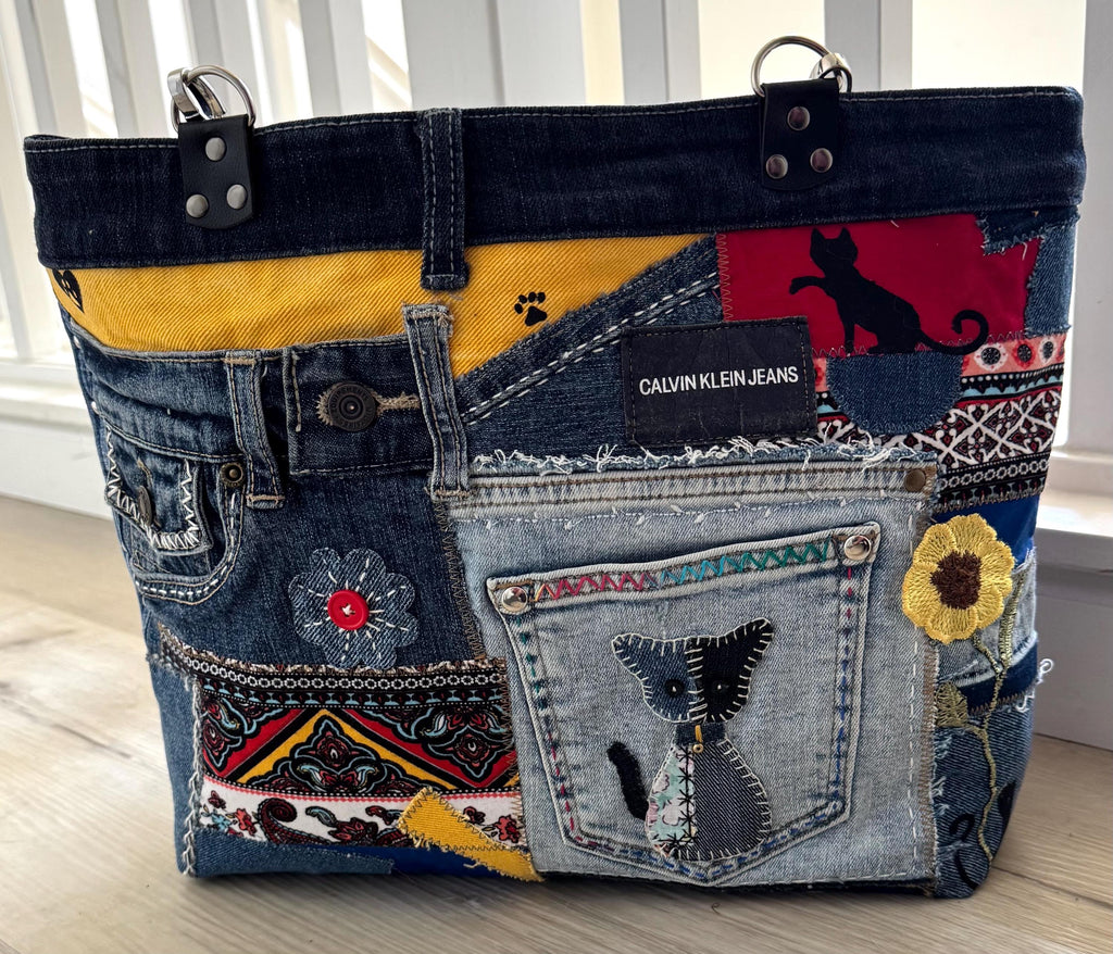 Upcycled Denim Tote Bag: Boho Patchwork with Cat Appliqué