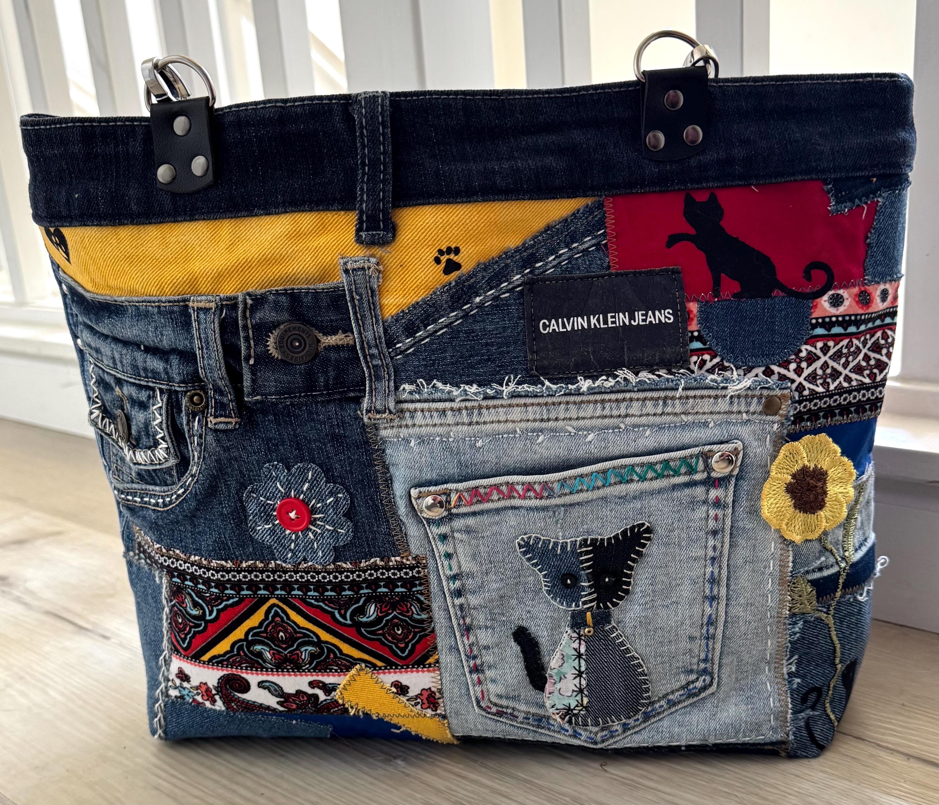 Upcycled Denim Tote Bag: Boho Patchwork with Cat Appliqué