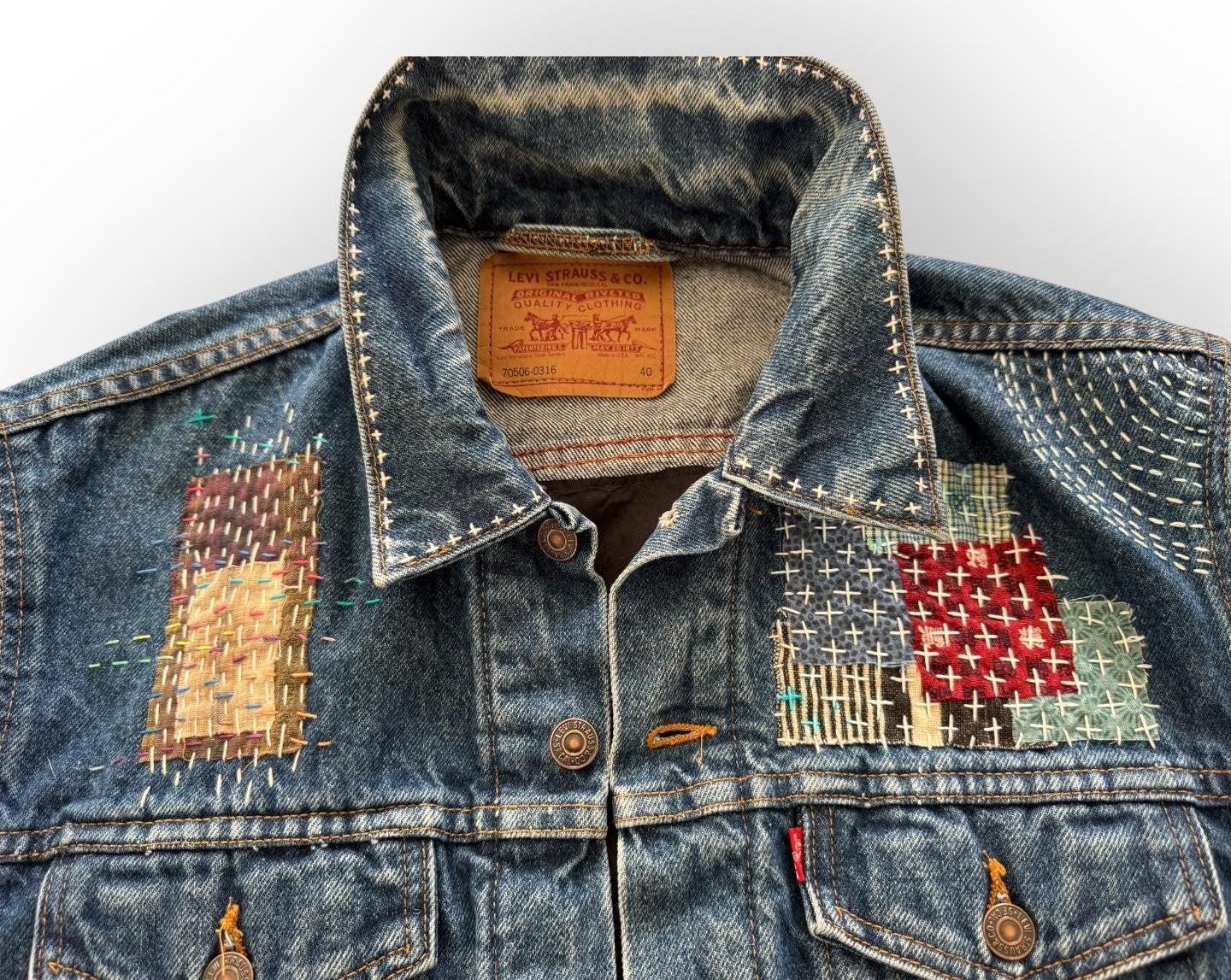 Vintage Levi’s 70506 Trucker Jacket – Sashiko Boro-Inspired Hand-Stitched Denim | Unisex
