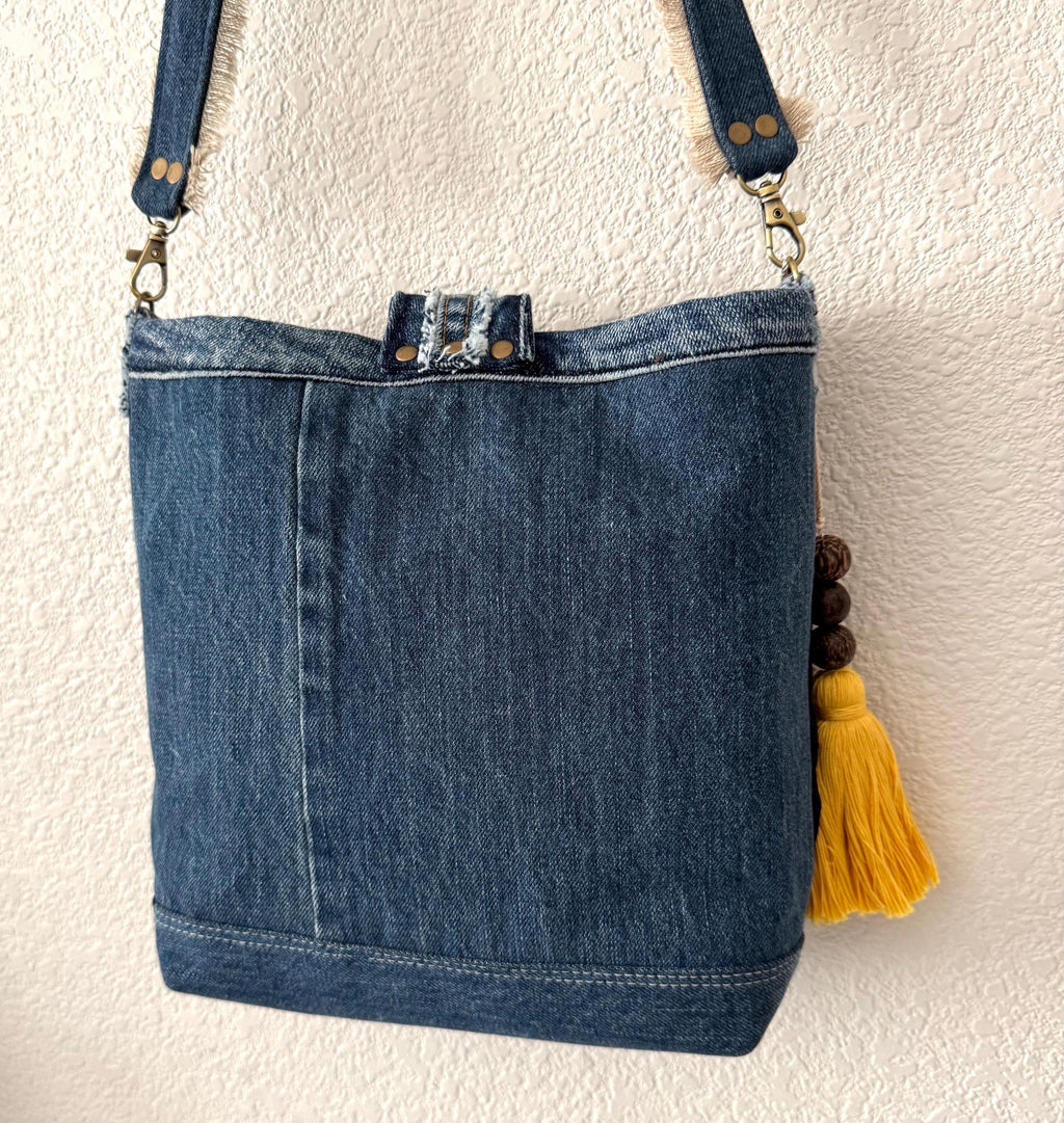 Denim Crossbody Bag with Intricate Embroidered Design | Handmade Shoulder Bag | Boho Folk Style | One-of-a-Kind