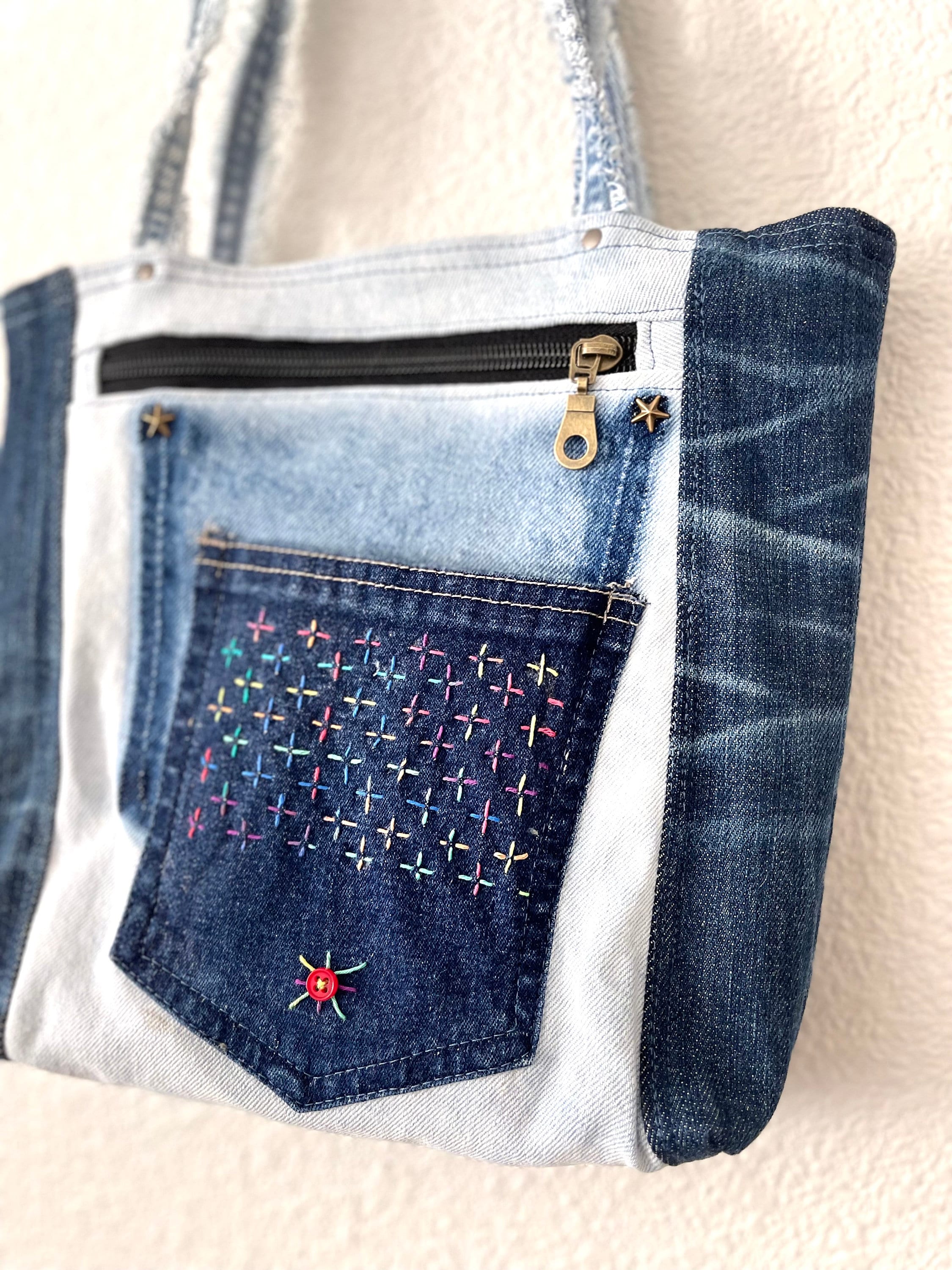 Denim Patchwork & Sachiko hand, embroidery,  Shoulder Bag - Upcycled Jeans