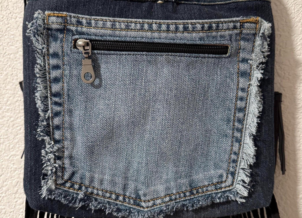 Handmade Denim Crossbody Bag – Embroidered Death Moth, Leather Fringe