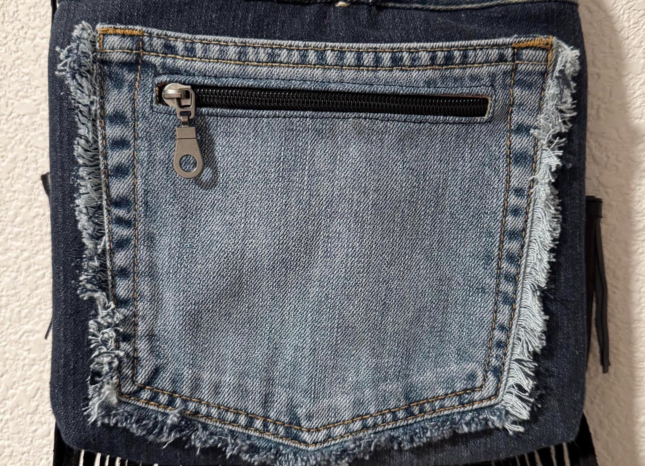 Handmade Denim Crossbody Bag – Embroidered Death Moth, Leather Fringe