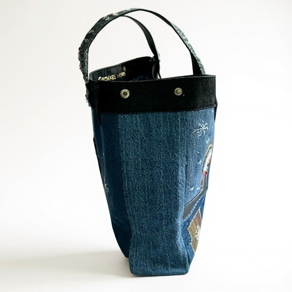 Handmade Upcycled Denim Tote – Snowman Patchwork Winter Bag