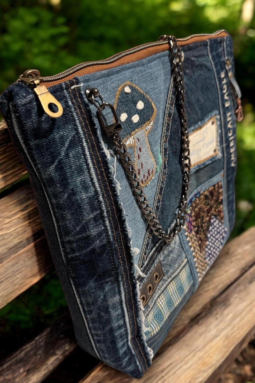 Upcycled Denim Patchwork Tote Bag: Mushroom Embroidery, Chain Strap