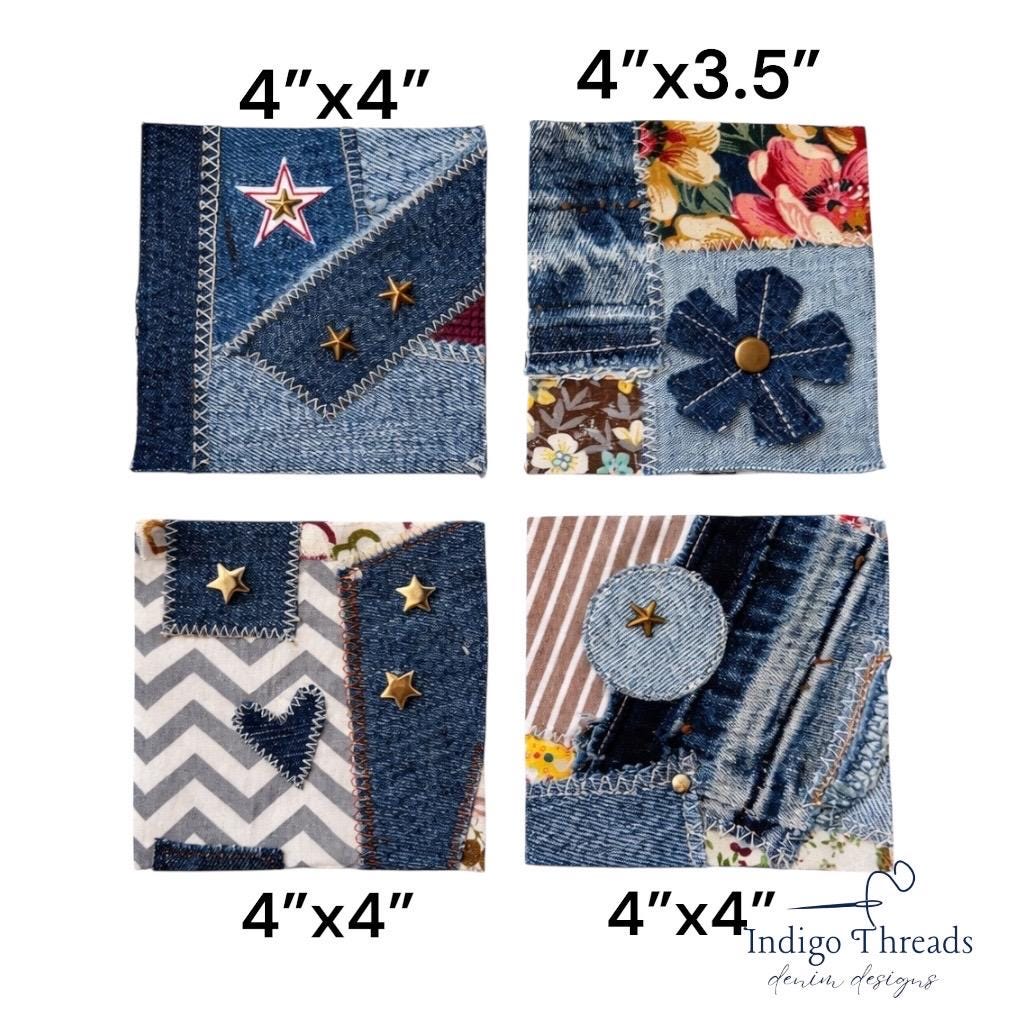 Upcycled Denim Patchwork Sew-On Patches – Rustic Boho Fabric Appliqué Set