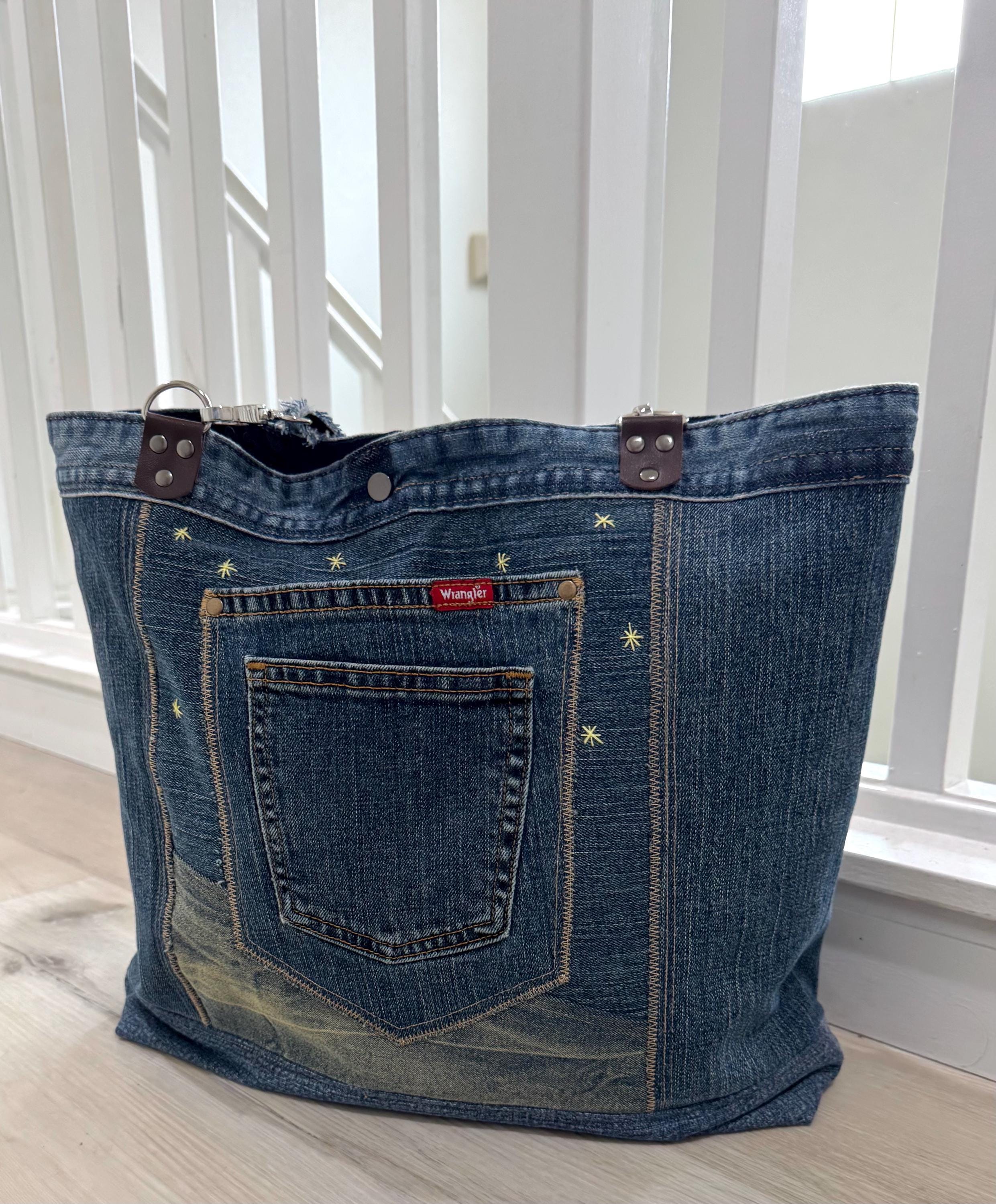 Denim Tote Bag-Handmade One-of-a-Kind  — “Moonlight Village” Patchwork Design by Indigo Threads