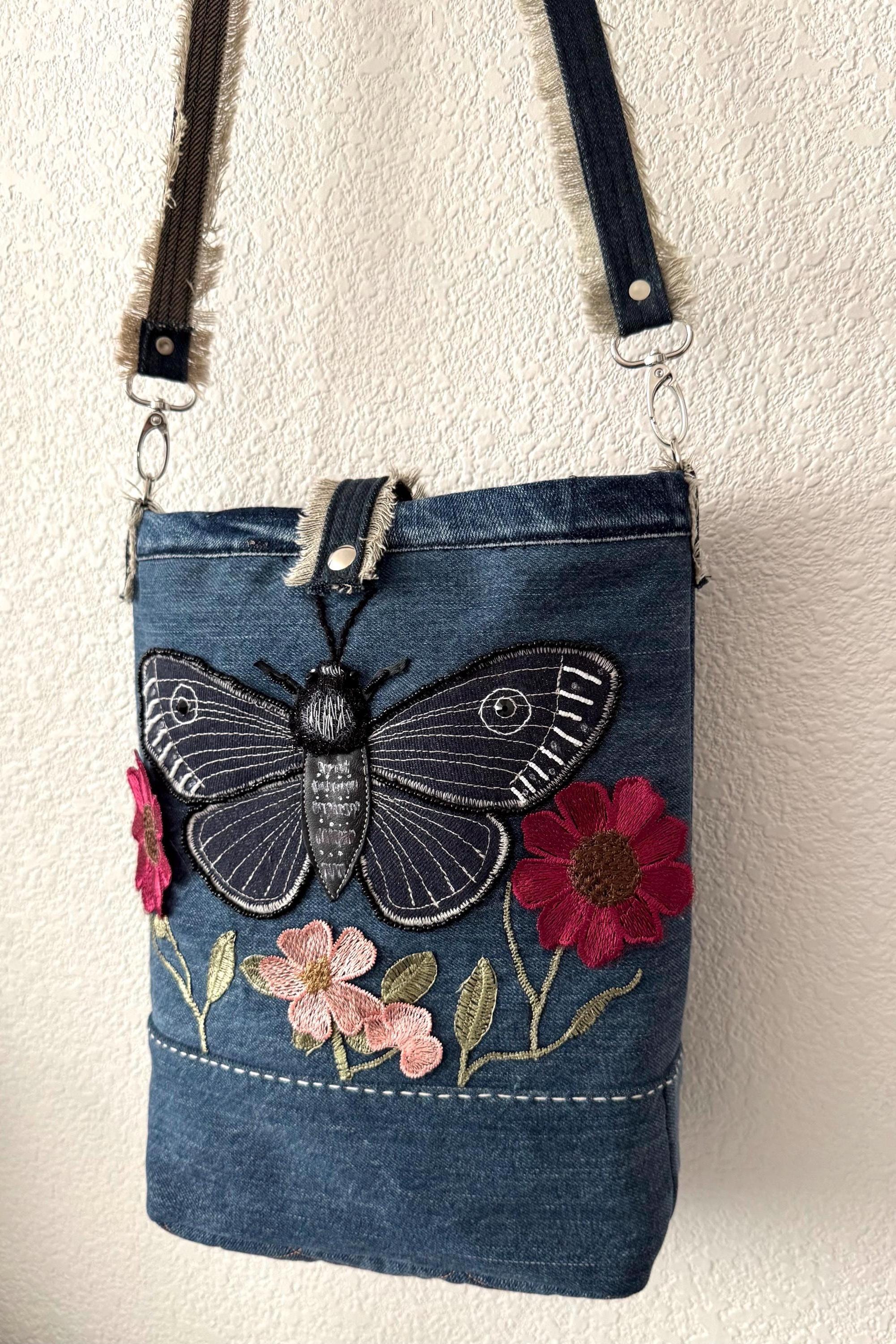 Upcycled Denim Crossbody Bag – Hand-Embroidered Moth Floral Patchwork Bag