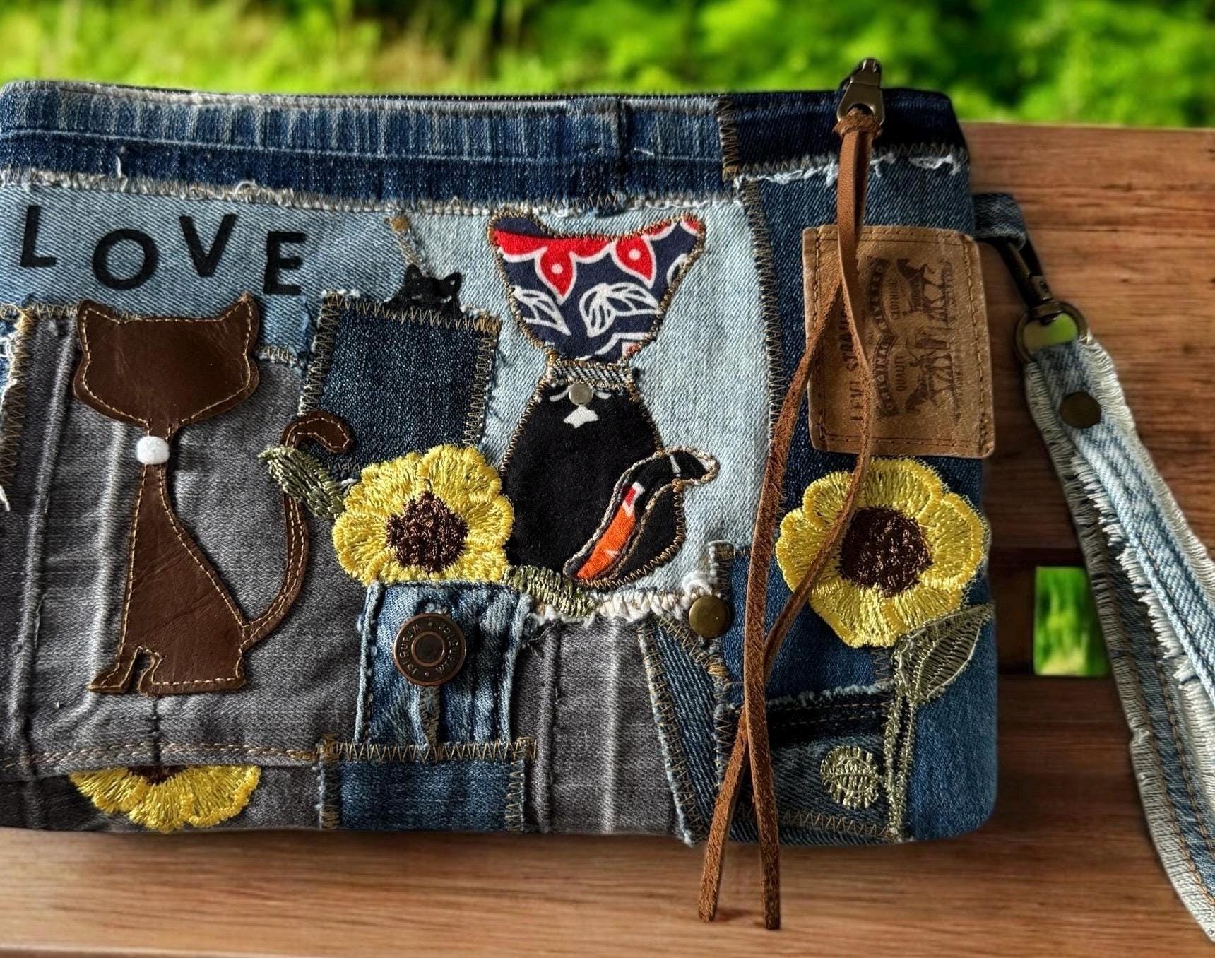 Cat Patchwork Crossbody Clutch Bag – Handmade Upcycled Denim Wristlet with Sunflowers, Appliqué & Chain Strap