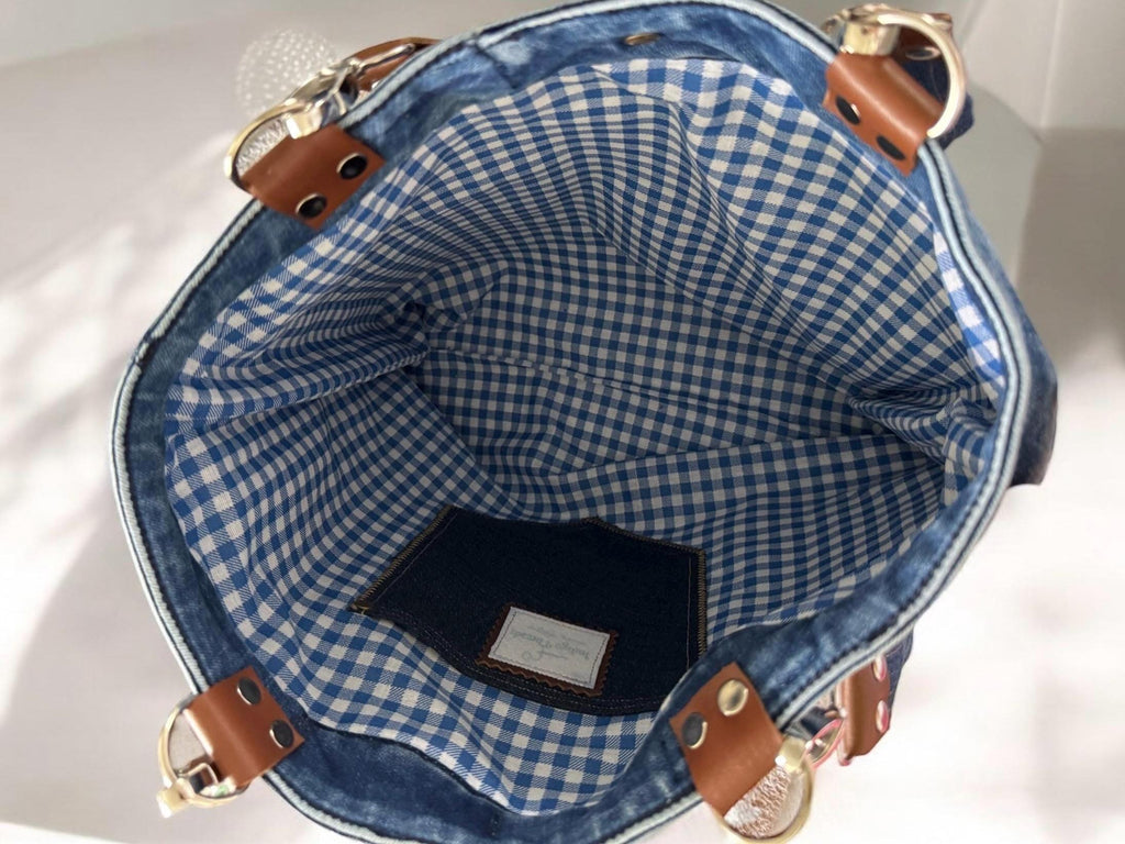 Boho Patchwork Denim Tote Bag-Handmade Upcycled Cotton Jean Purse & Embroidery