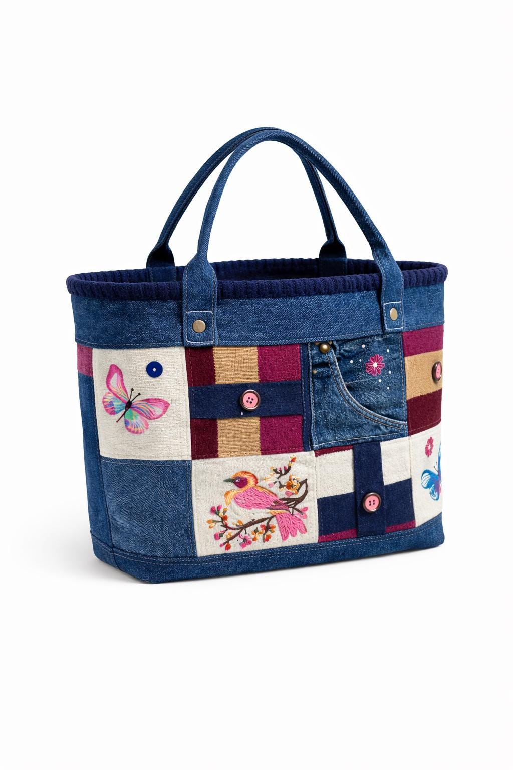 Handmade Denim Patchwork Tote Bag, Embroidered Bird, Upcycled Jean Boho Bag