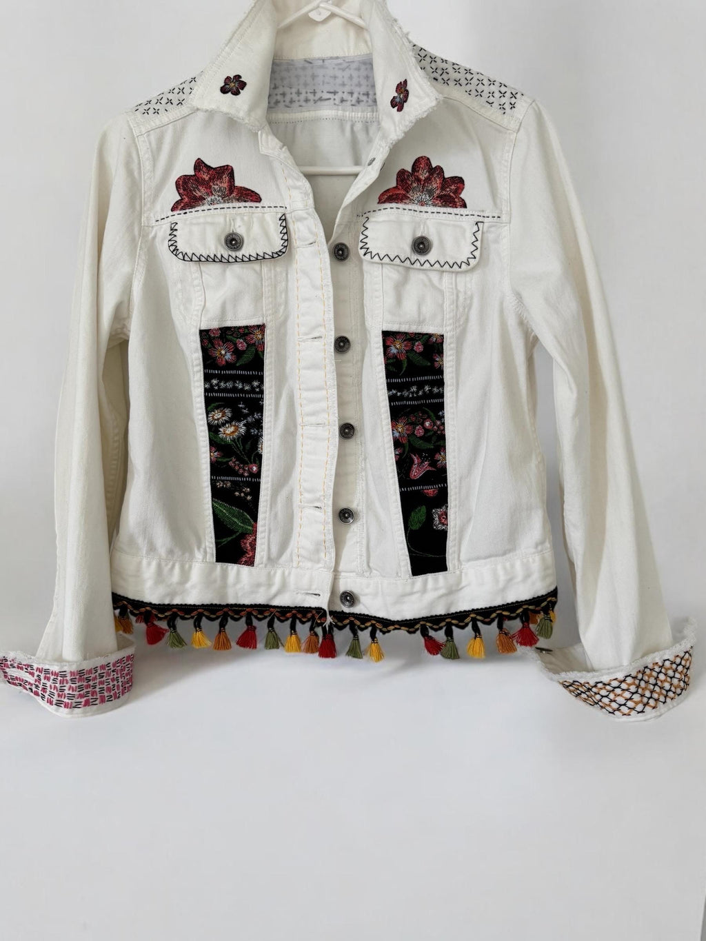 One-of-a-Kind White Distressed Denim Jacket – Patchwork, Sashiko Stitching & Tassel Embellishments – Small Size