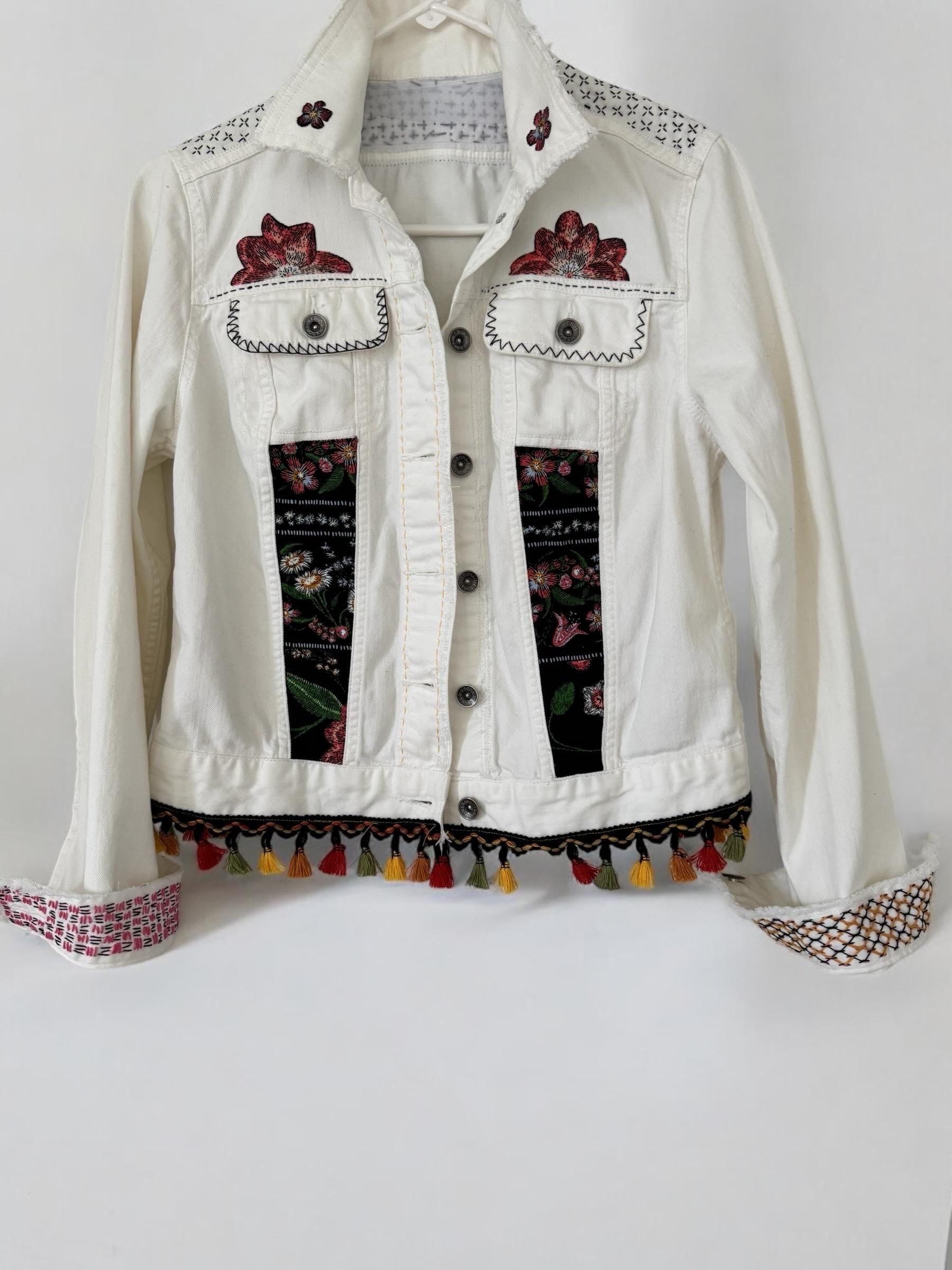 One-of-a-Kind White Distressed Denim Jacket – Patchwork, Sashiko Stitching & Tassel Embellishments – Small Size