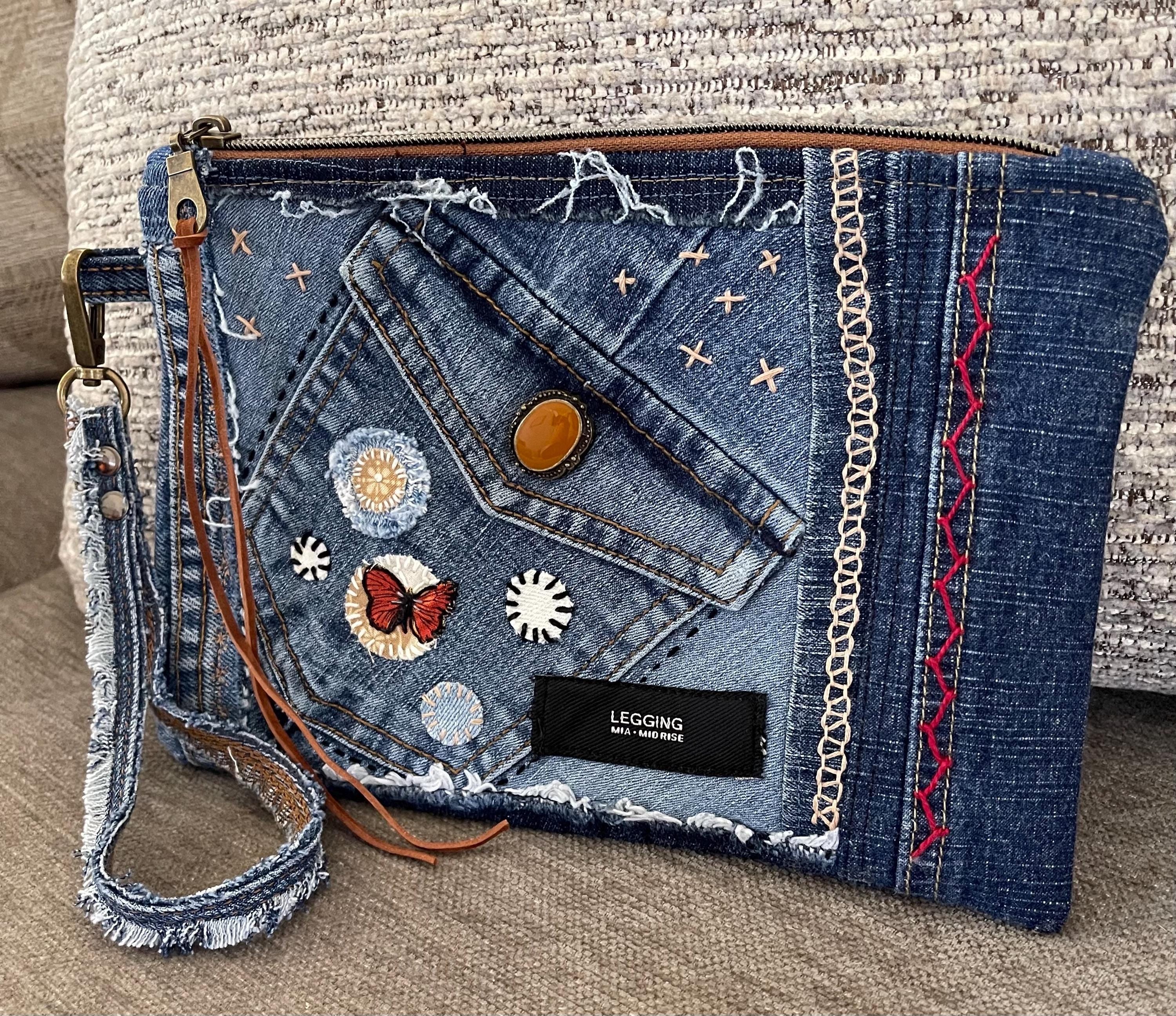 Boho Denim Patchwork Clutch Wristlet: Upcycled Jeans, Inside Pocket
