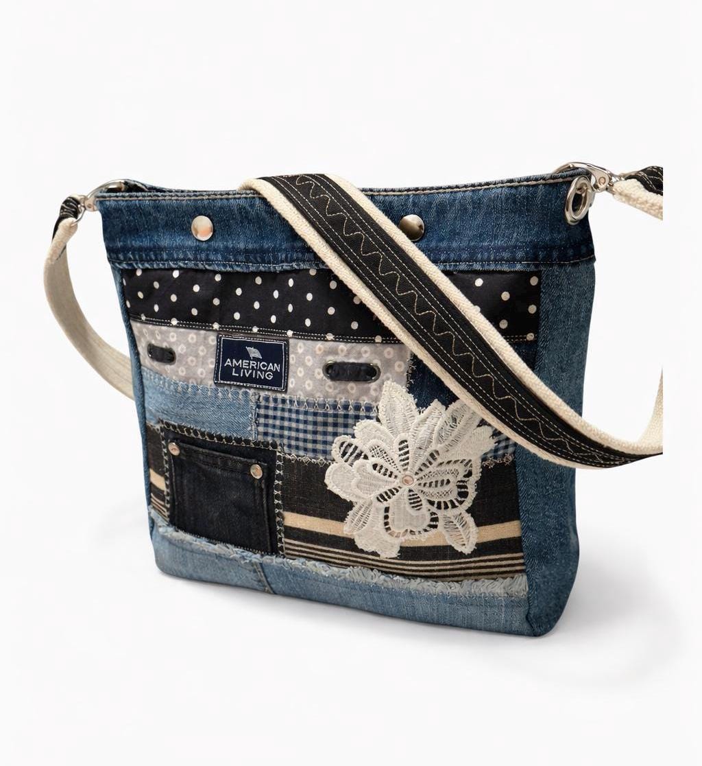 Upcycled Denim Patchwork Crossbody Bag | Boho Jean Purse with Lace Appliqué