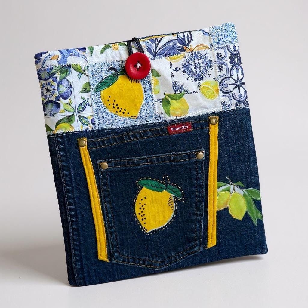 Large Quilted Denim Sleeve | Book, iPad, Tablet Organizer | Handmade Patchwork Bag (9x11)