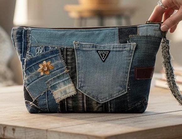 Handmade Upcycled Denim Patchwork Clutch – Boho Heart Appliqué Wristlet