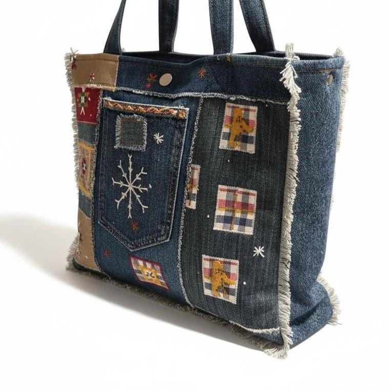 Christmas Nutcracker Embroidered Denim Tote Bag – Handmade Patchwork-one of a kind