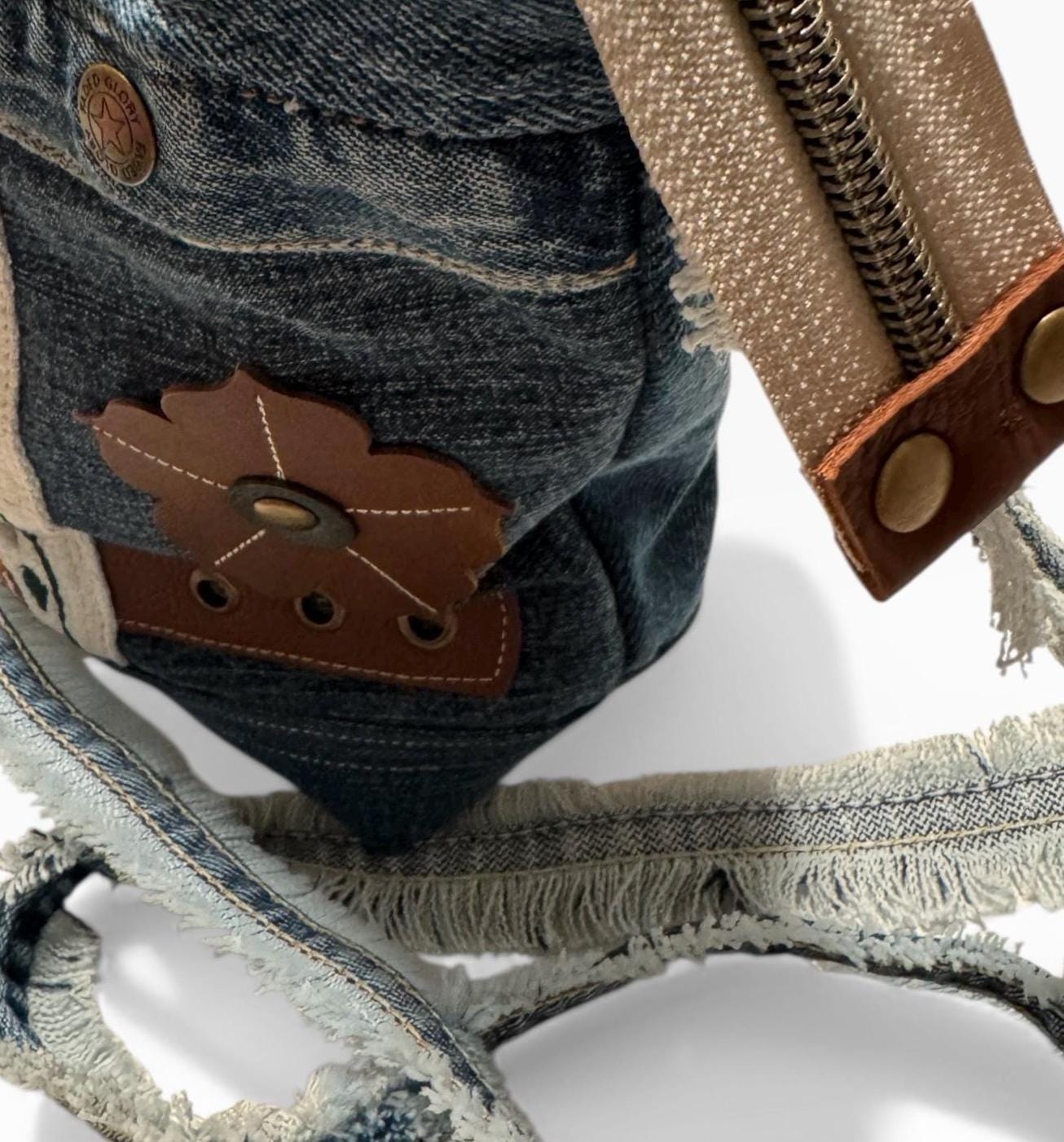 Upcycled Denim Crossbody Bag | Patchwork Boho Western Purse with Leather Flower