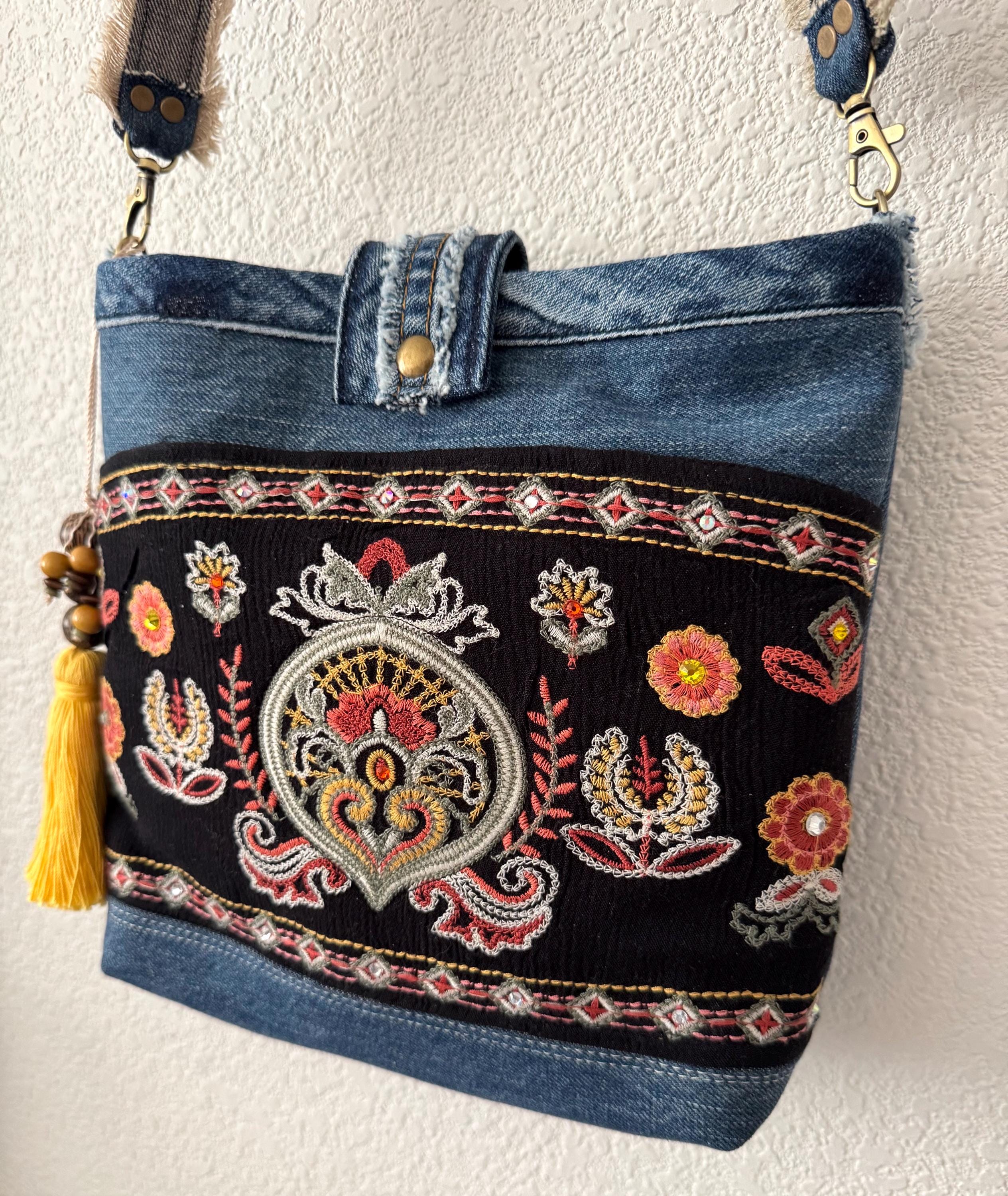 Denim Crossbody Bag with Intricate Embroidered Design | Handmade Shoulder Bag | Boho Folk Style | One-of-a-Kind