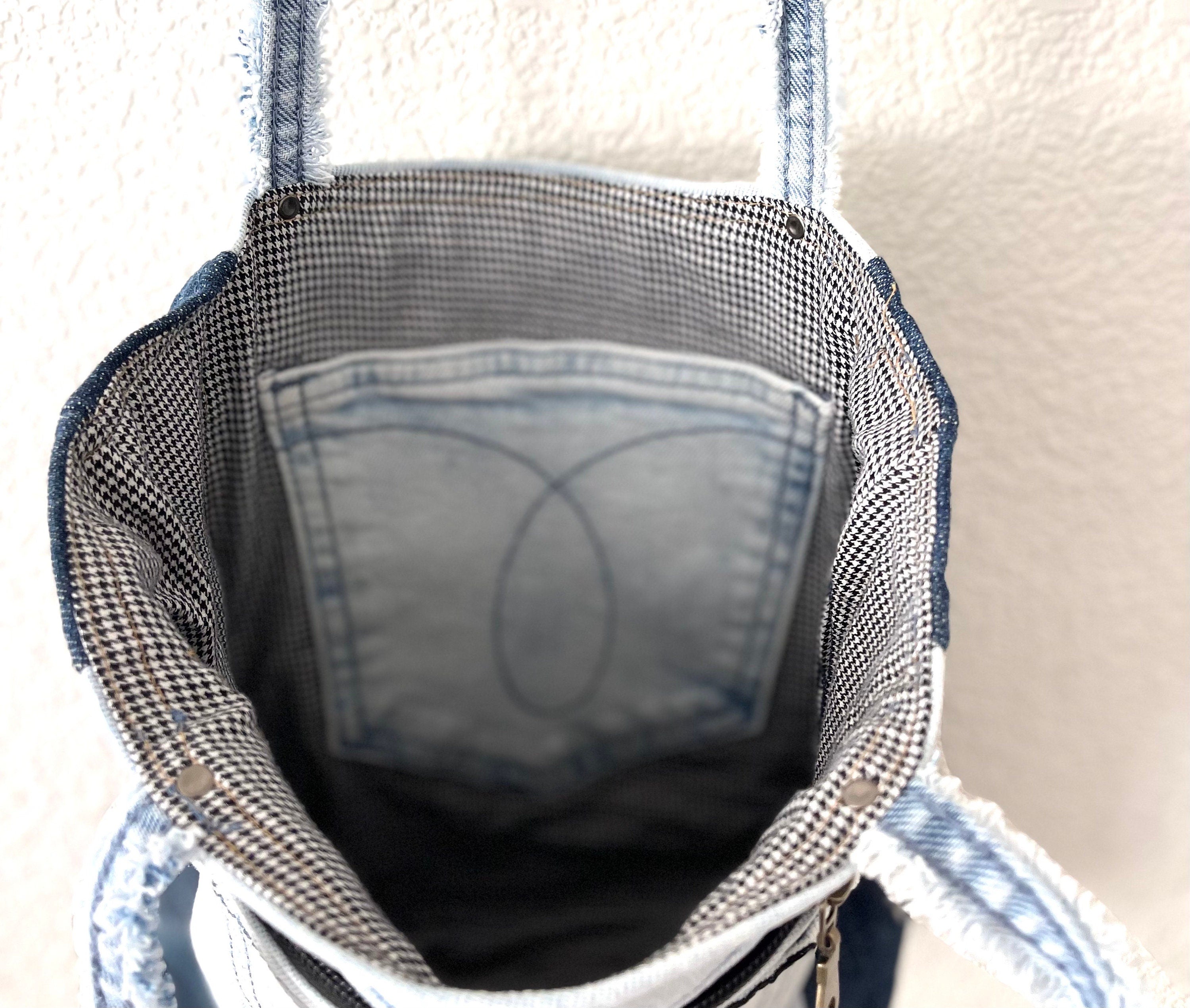 Denim Patchwork & Sachiko hand, embroidery,  Shoulder Bag - Upcycled Jeans