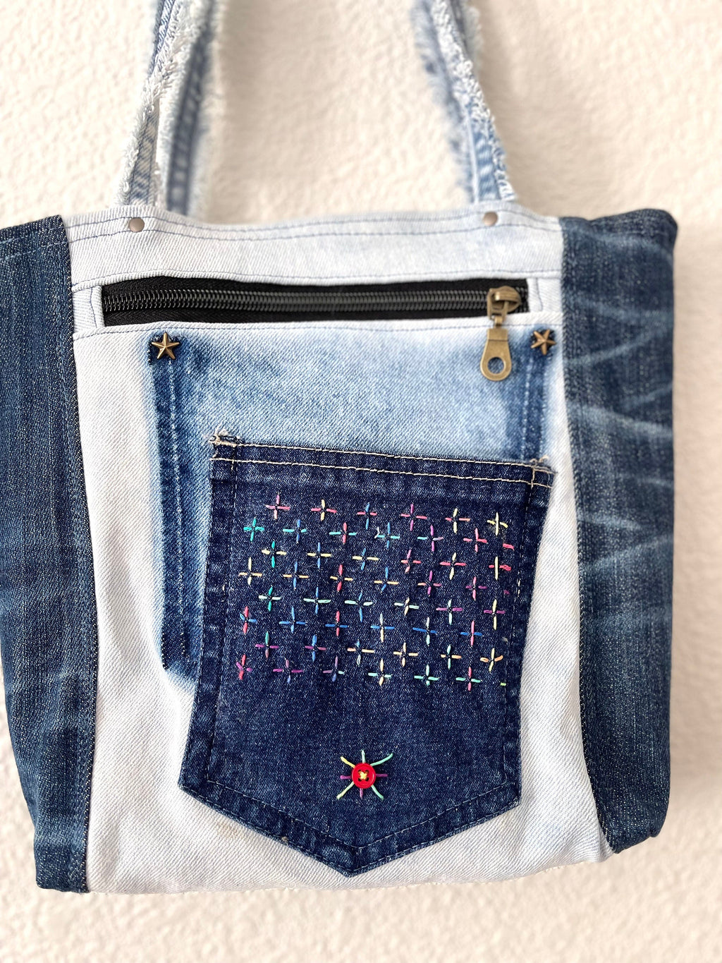 Denim Patchwork & Sachiko hand, embroidery,  Shoulder Bag - Upcycled Jeans