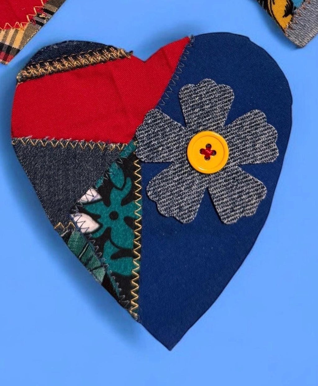 Handmade Upcycled Denim Heart Patch: Sew-On Applique with Leather & Cotton