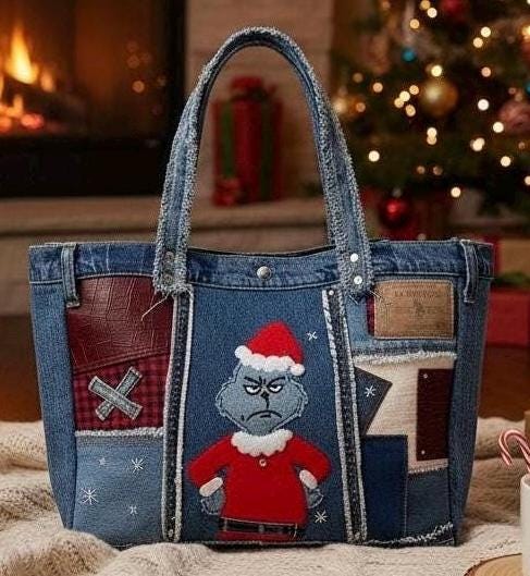 Grinch Christmas Patchwork upcycle Denim Tote Bag – Handmade – One of a Kind