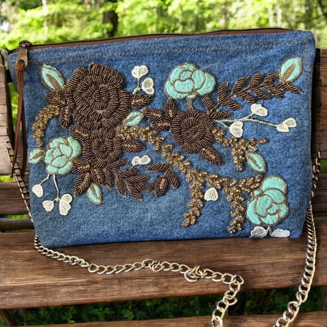 Embroidered Denim Crossbody Bag: Floral Beaded Appliqué, Gold Chain