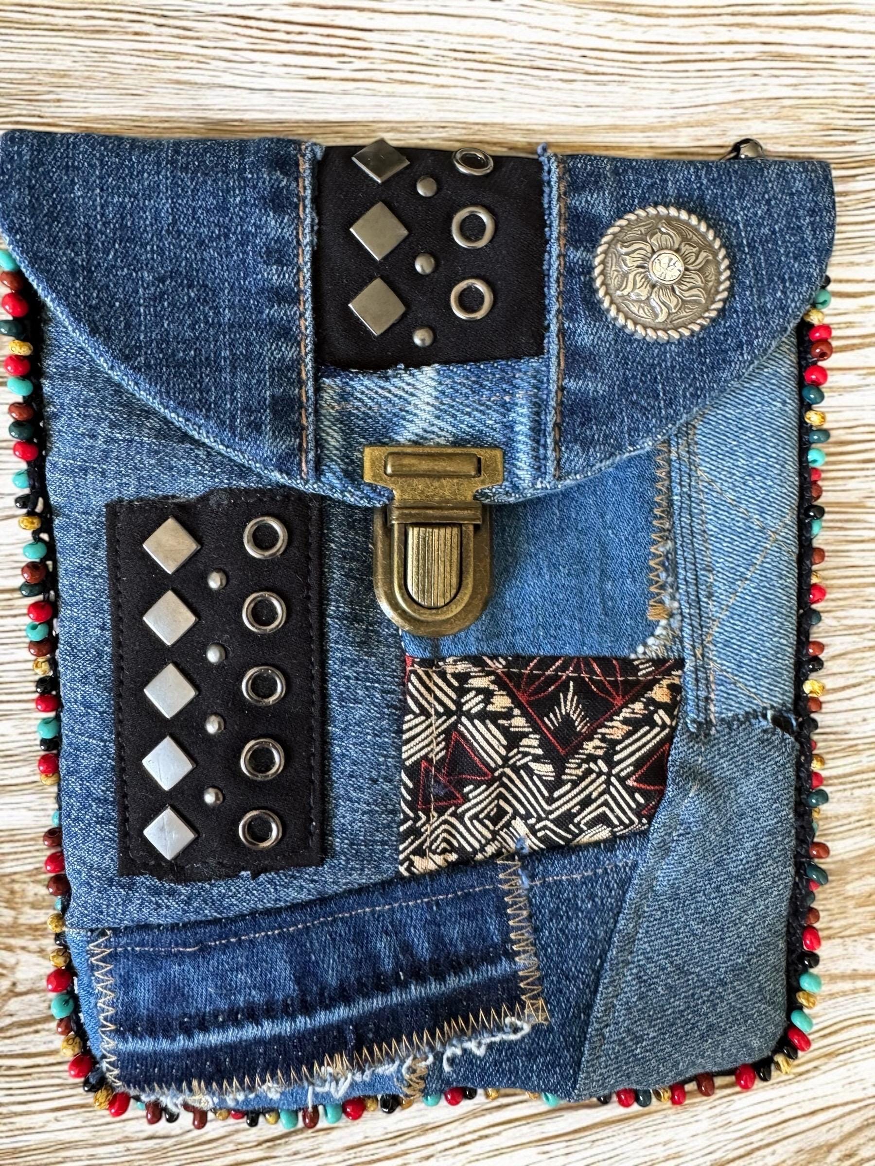 Upcycled Denim Crossbody Bag – Patchwork Design with Beaded Trim