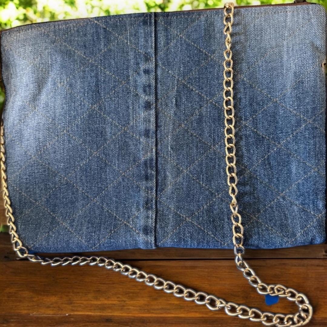 Embroidered Denim Crossbody Bag: Floral Beaded Appliqué, Gold Chain