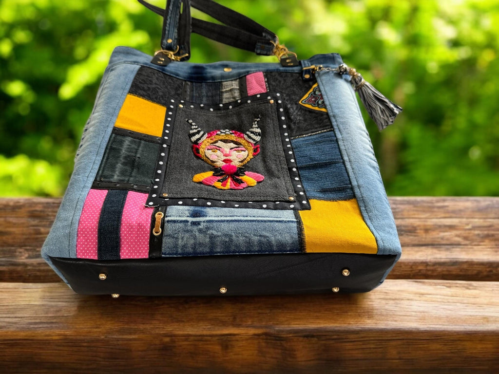 Handmade Upcycled Denim Tote: Embroidered "Little Devil Girl" Boho Bag