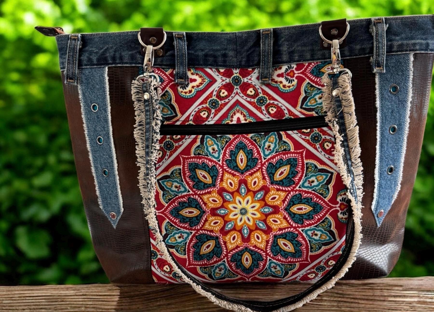 One-of-a-Kind Upcycled Denim & Faux Leather Tote Bag – Boho Patchwork Design