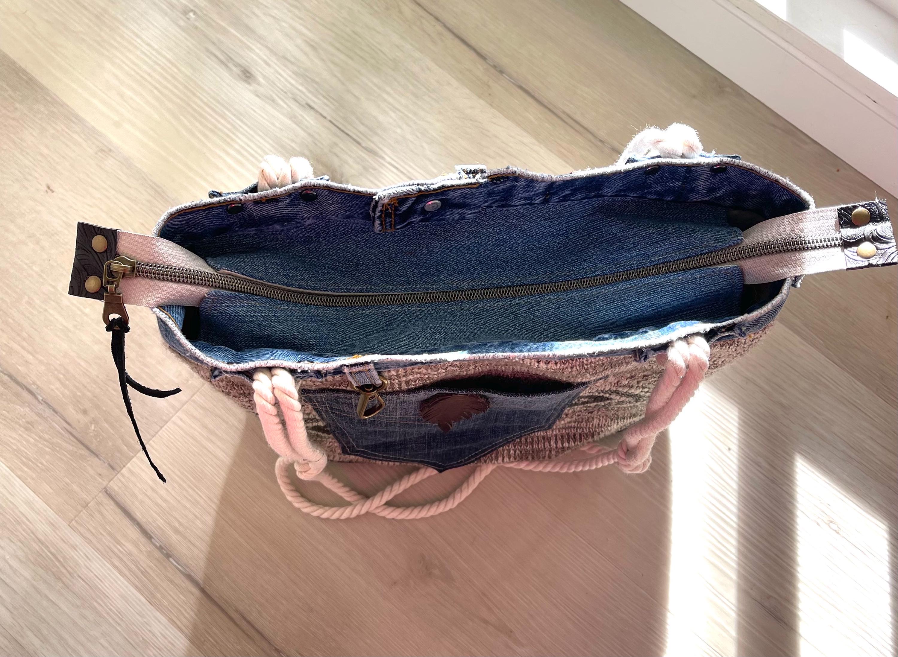 Denim & Textured Knit Upcycled Shoulder Bag | Eco-Friendly, Handmade, One-of-a-Kind Tote bag