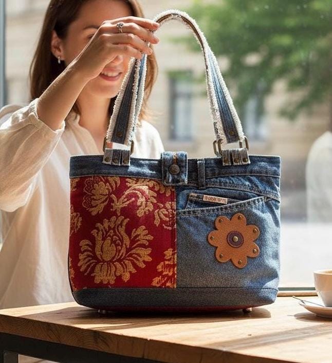 Upcycled Denim Patchwork Shoulder Bag | Leather Bottom Boho Tote Purse