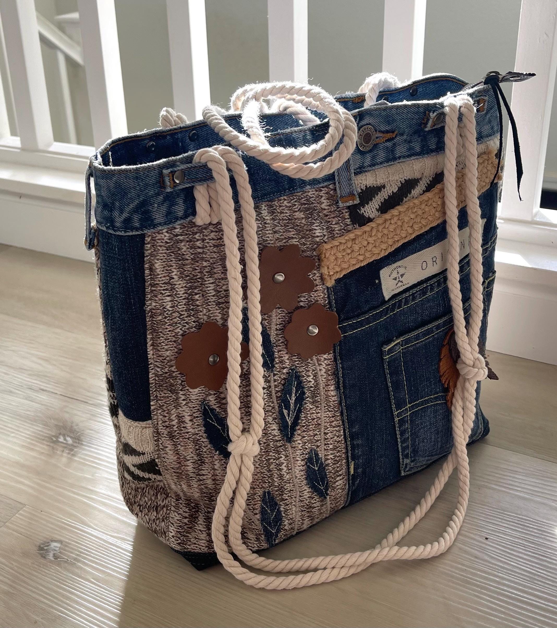 Denim & Textured Knit Upcycled Shoulder Bag | Eco-Friendly, Handmade, One-of-a-Kind Tote bag