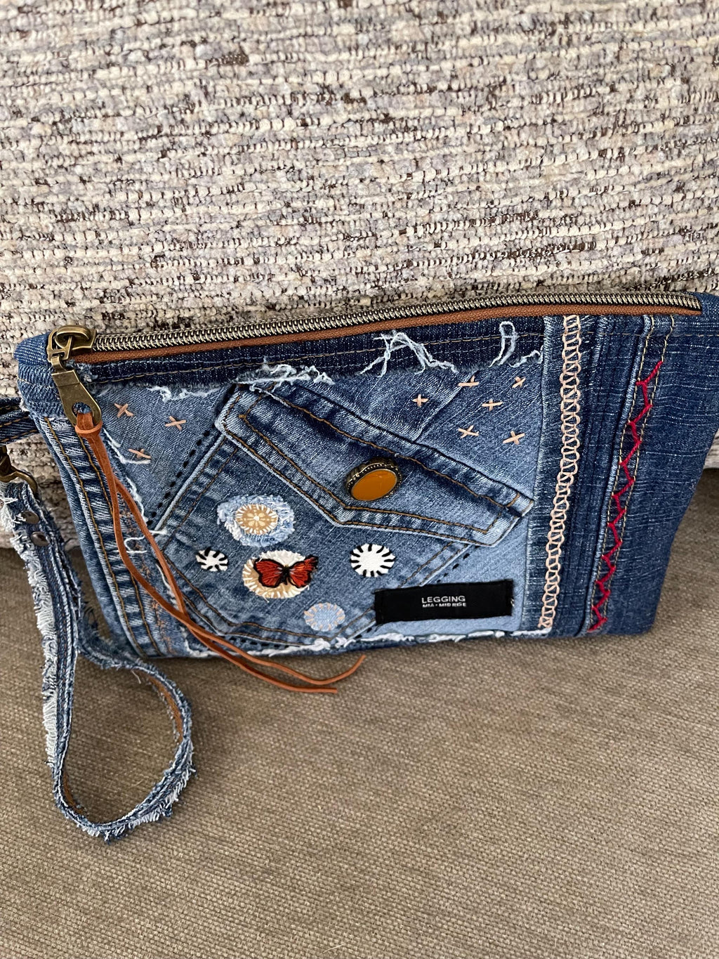 Boho Denim Patchwork Clutch Wristlet: Upcycled Jeans, Inside Pocket