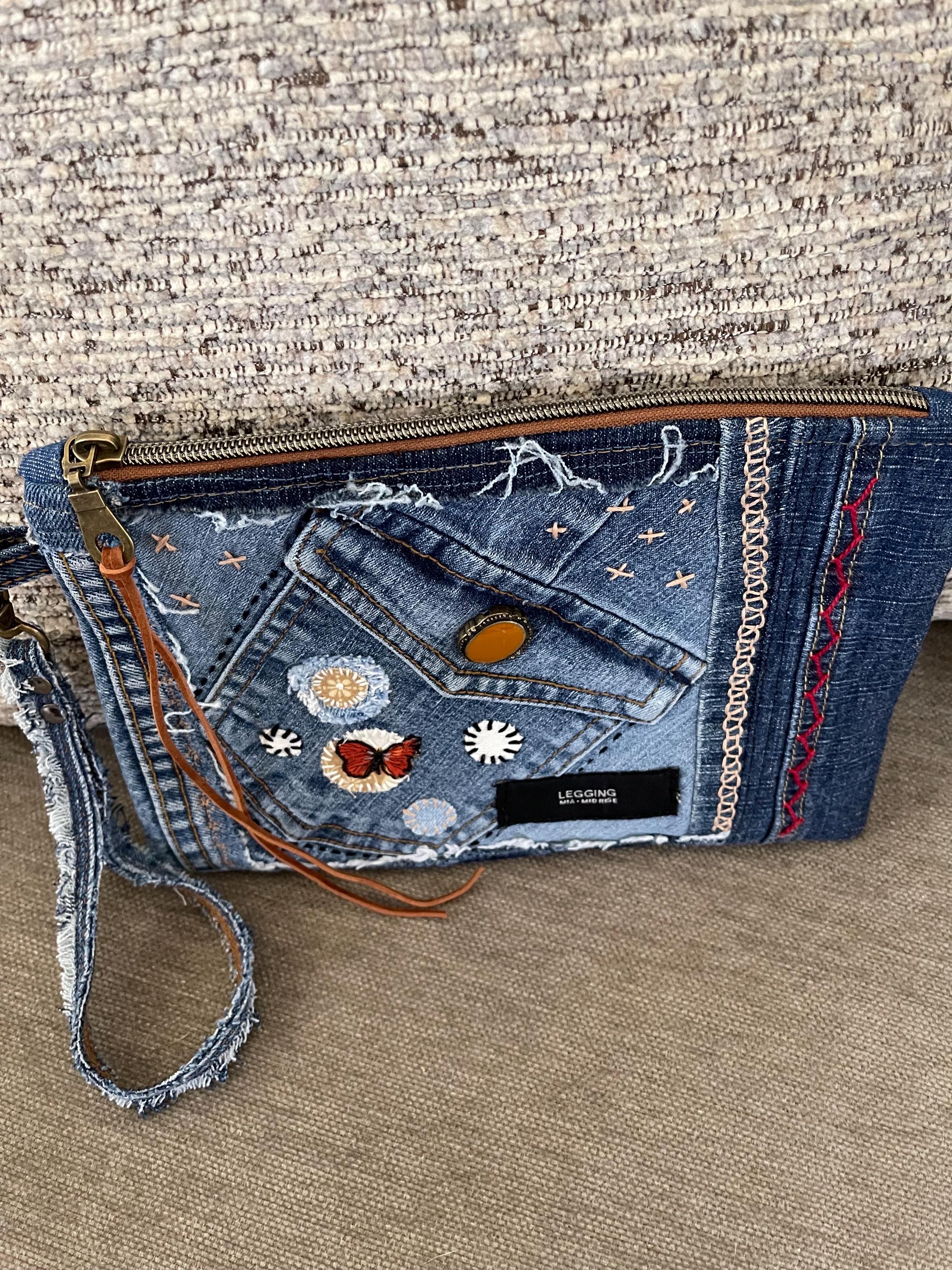 Boho Denim Patchwork Clutch Wristlet: Upcycled Jeans, Inside Pocket