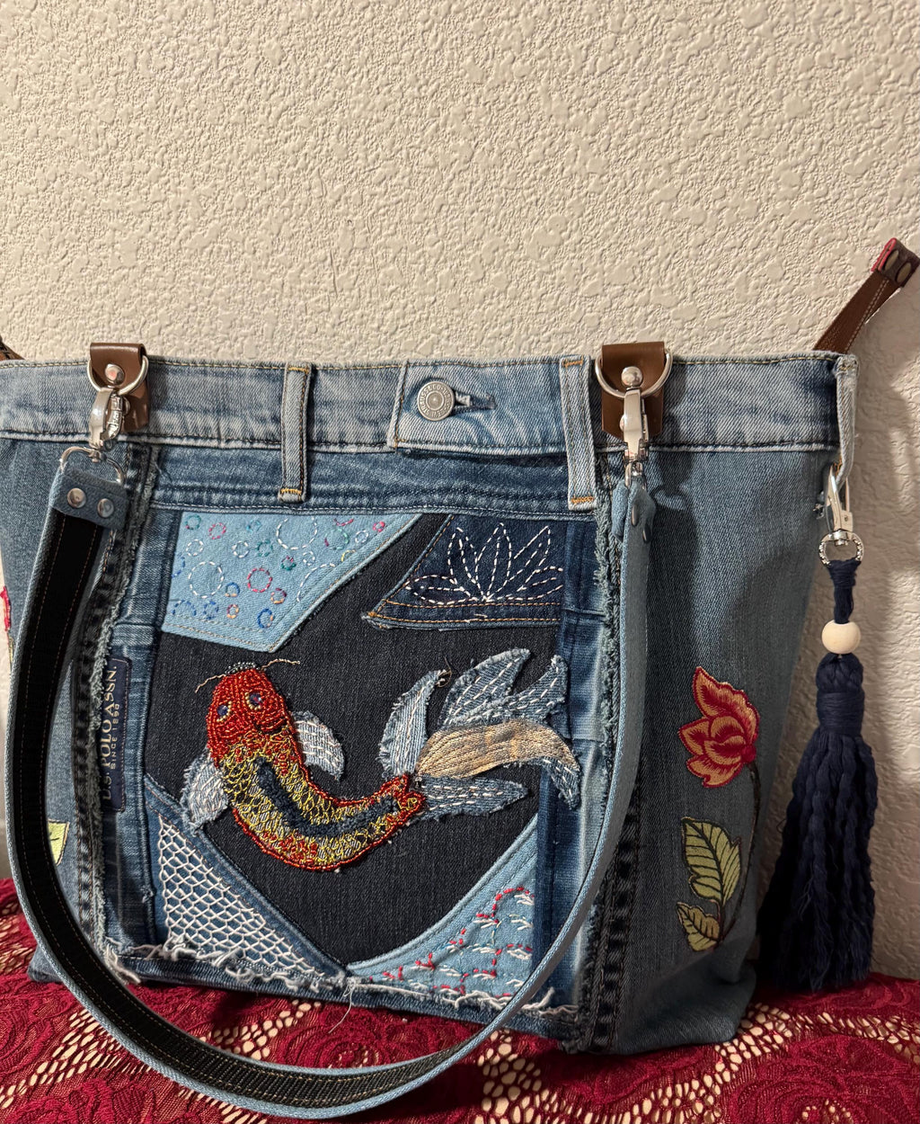 Upcycled Denim Tote Bag: Handmade Beaded Koi Fish Shoulder Bag