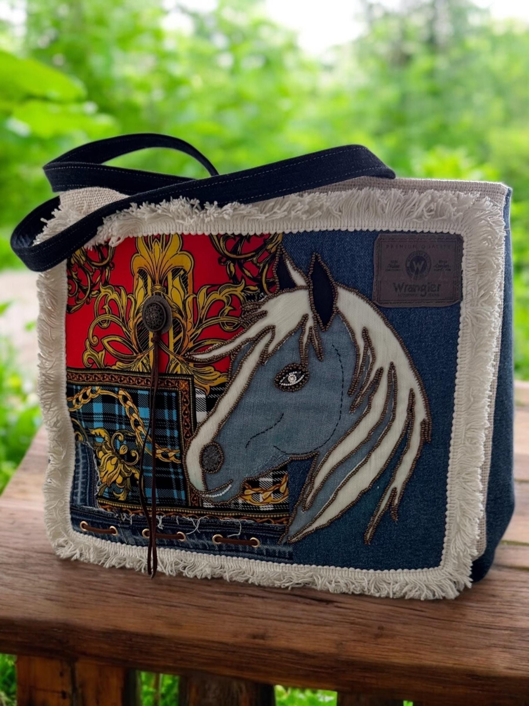 Denim patchwork large beaded embroidery shoulder bag-tote bag upcycled jeans boho chic bag