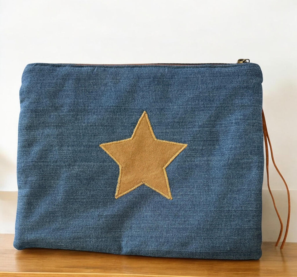 Handmade Upcycled Denim Clutch: Embroidered Star Patchwork Bag
