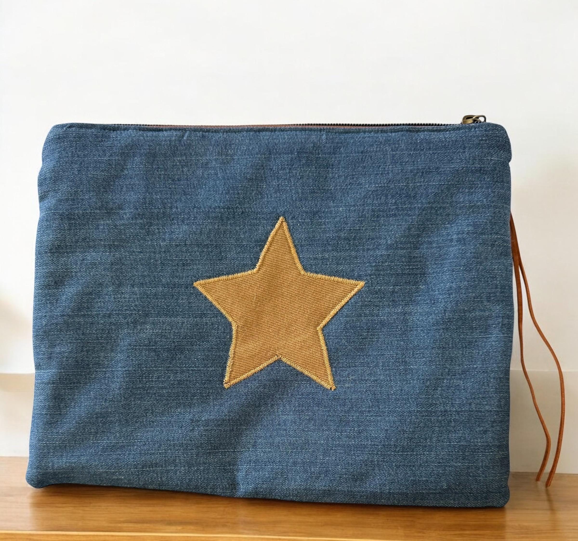 Handmade Upcycled Denim Clutch: Embroidered Star Patchwork Bag